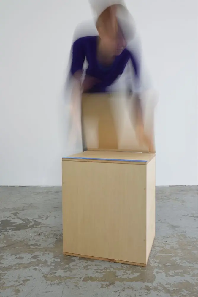 UNTITLED (BOX WITH BLUE STRIPE), 2015, Painted plywood, 40 × 42 × 50.8 cm