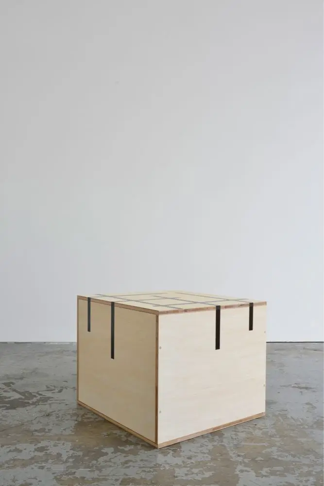UNTITLED (BOX WITH DISSOLVING GRID), 2015, Painted plywood, 50 × 52 × 43 cm